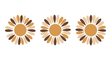 Three stylized flowers with brown and tan petals arranged in a row on a white background.