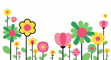 A vibrant and colorful illustration of various stylized flowers blooming against a clean white background.