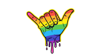 A rainbow-colored hand making the shaka sign with dripping paint effect.