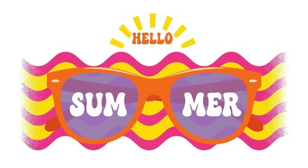 Bright orange sunglasses with "SUMMER" written on the lenses, set against a wavy pink and yellow background with a "HELLO" sunburst above.