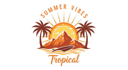 A vibrant illustration of a tropical island scene with palm trees, mountains, a surfboard, and a radiant sun, conveying summer vibes.