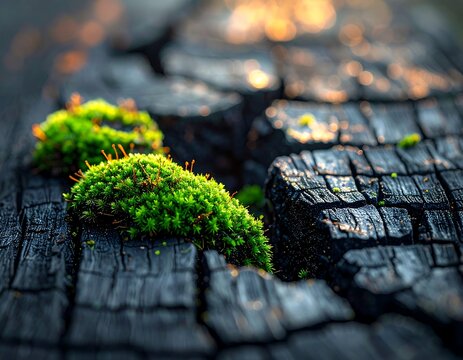 Vibrant green moss defiantly sprouts from dark, charred wood, illustrating nature's persistent rebirth and the powerful resilience of life amidst the remnants of destruction