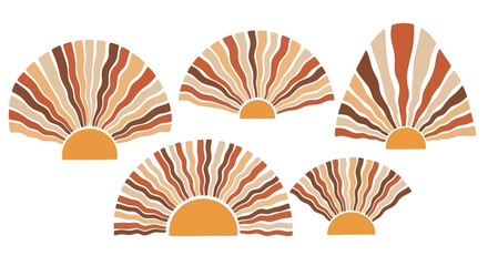 A collection of five abstract fan-shaped illustrations with wavy lines in earthy tones, representing a bohemian aesthetic.