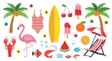 A vibrant collection of summer-themed illustrations including palm trees, a flamingo, a surfboard, swimwear, and refreshing treats.