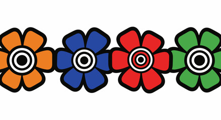 A colorful border design featuring four stylized flowers in orange, blue, red, and green, each with concentric circles in the center.