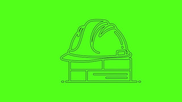 Hard Hat on Brick Wall Construction Line Art Animation on Green Screen