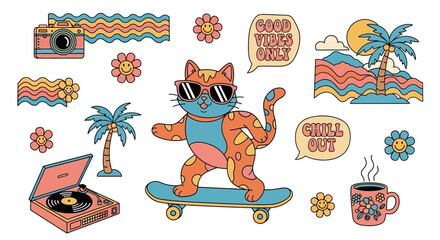 Groovy cat wearing sunglasses riding a skateboard with retro elements like a camera and record player, evoking a chill vibe.