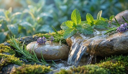 Obraz premium Close up of natural herbs and clear water flowing over rocks in sunlight, symbolizing holistic health and balance