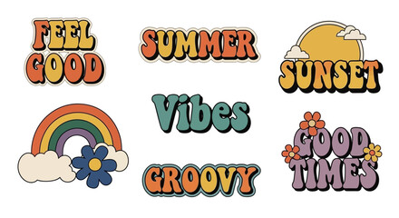 A collection of retro-style graphic elements featuring positive summer and groovy vibes, including text and illustrations.