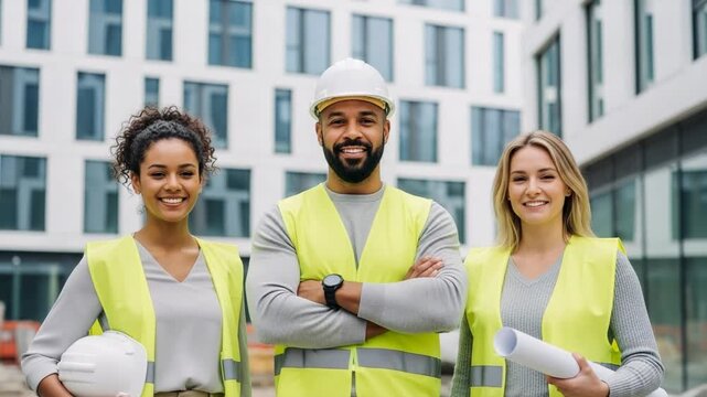 Three construction workers wearing yellow vests and hard hats standing outside a building