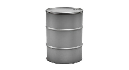 A plain gray metal barrel with three horizontal bands around its circumference, standing upright against a white background.