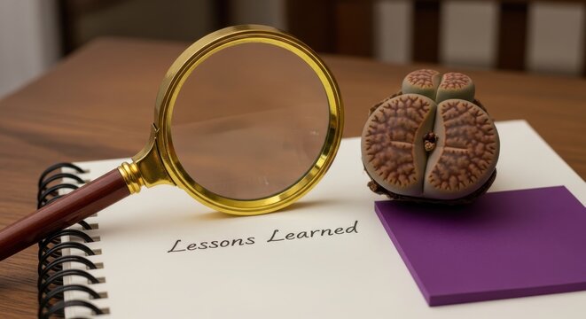 Magnifying glass and lithops plant examining 'Lessons Learned' on paper