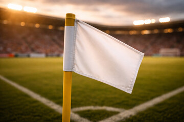 A white corner flag stands prominently on a yellow pole on a green soccer field inside a stadium with blurred lights in the background. © muhagraph