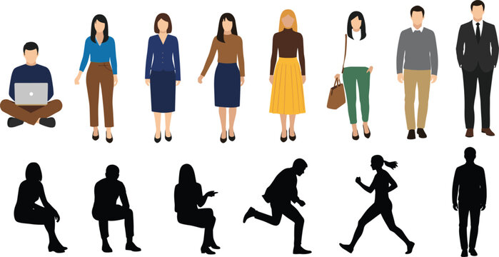 Vector collection of flat business people characters and black silhouettes in various poses including sitting running walking and working on laptop isolated on white