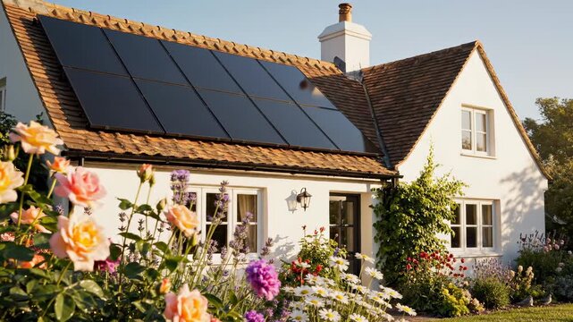 White cottage house features black solar panels on the roof. A beautiful garden thrives with colorful blooming flowers. Modern sustainable living.