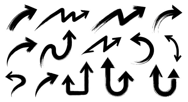 A collection of hand-drawn black arrows with various styles and directions on a white background.