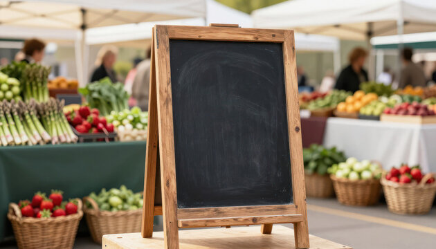 Blank chalkboard sign at an outdoor farmer market with fresh produce in baskets. Empty menu board for custom text or advertisement. Local agriculture concept.