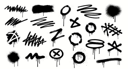 A collection of black spray paint graffiti elements and abstract shapes with dripping paint effects on a white background. © Elsa
