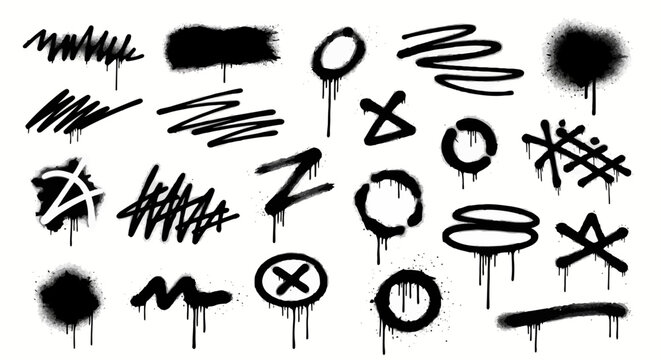 A collection of black spray paint graffiti elements and abstract shapes with dripping paint effects on a white background.
