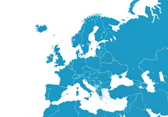 Fototapeta premium Precisely rendered, flat cyan-blue vector illustration of the european continent map showing white national boundaries, isolated against transparent void. Concept for data visualization and