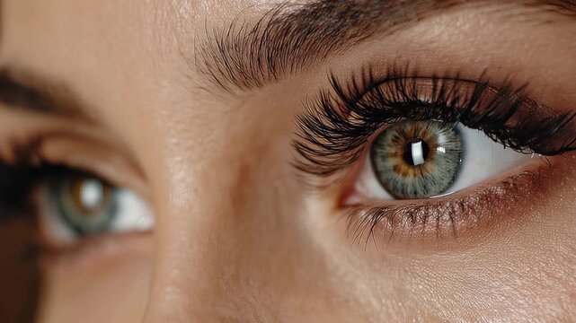 Woman shows bright eyes with classic volume eyelash extensions done indoors at a beauty studio in the afternoon