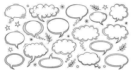 A collection of hand-drawn speech and thought bubbles in various shapes and sizes, set against a white background with decorative elements.