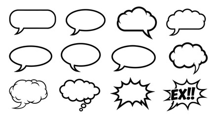 Fototapeta premium A collection of twelve different comic book style speech and thought bubbles, including cloud shapes and sharp-edged bursts.