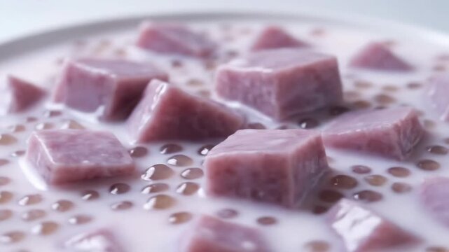 Ultra detailed close up video of chinese taro sago dessert cubes slow rotation macro view