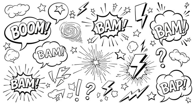 A collection of comic book style sound effect words like BOOM, BAM, and BAP, with lightning bolts, stars, and question marks.