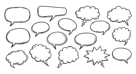 A collection of hand-drawn speech bubbles and thought clouds in various shapes and sizes, rendered in a simple black and white sketch style.