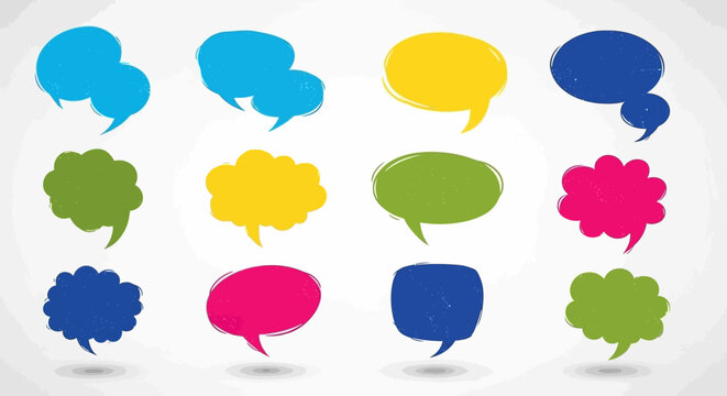 A collection of colorful, hand-drawn speech bubbles in various shapes and sizes, set against a light gray background.