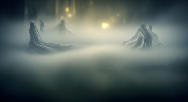 Mysterious silhouettes emerging from foggy landscape with glowing lights in the distance, captured from a low viewpoint, sss (60).png