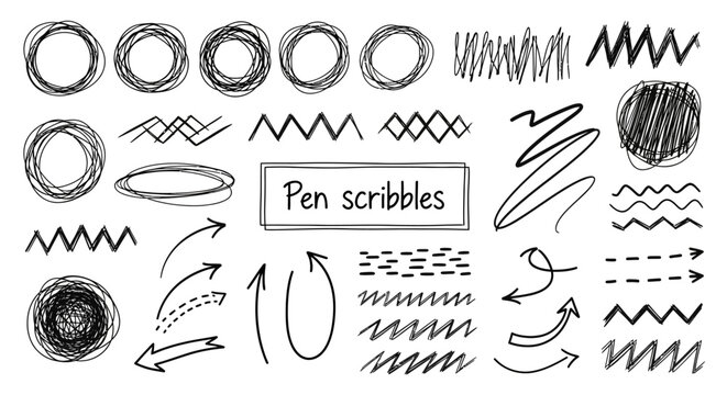 A collection of hand-drawn pen scribbles including circles, zigzags, arrows, and dashed lines.