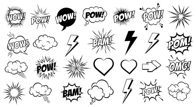A collection of comic book style sound effect and speech bubble graphics, including 'Wow', 'Pow', 'Bam', 'Pom', and 'OMG', along with lightning bolts, clouds, hearts, and starbursts.