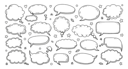 Fototapeta premium A collection of hand-drawn speech bubbles and thought clouds in various shapes and sizes, outlined in black on a white background.