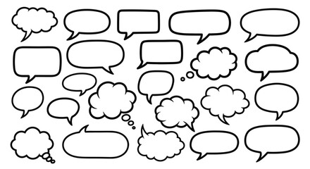 Fototapeta premium A collection of various empty speech bubbles and thought clouds in different shapes and sizes, outlined in black on a white background.
