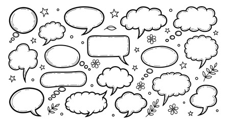 A collection of hand-drawn speech bubbles and thought clouds in various shapes and sizes, scattered across a white background with small decorative stars and flowers.