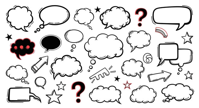 A collection of hand-drawn speech and thought bubbles with question marks and stars.