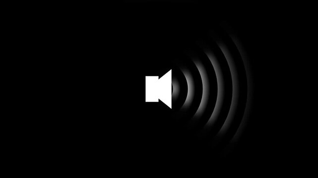 A stark black background features a bright white speaker icon emitting concentric sound waves symbolizing volume or audio output high quality professional