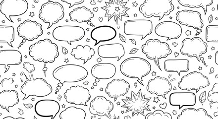 Fototapeta premium A seamless pattern of hand-drawn speech bubbles and thought clouds in various shapes and sizes, set against a white background with small star and leaf accents.