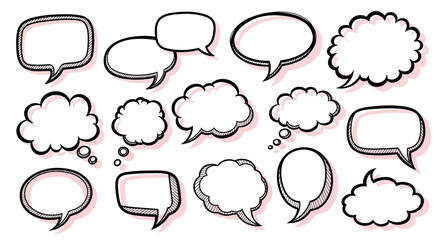 Fototapeta premium A collection of diverse hand-drawn speech bubbles and thought clouds in various shapes and sizes.