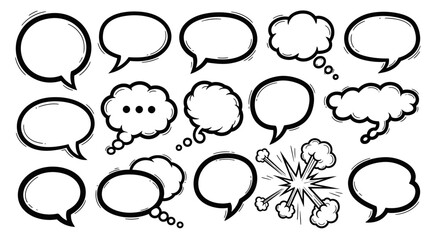 Fototapeta premium A collection of various hand-drawn speech and thought bubbles in black and white, suitable for comic strips and graphic design.
