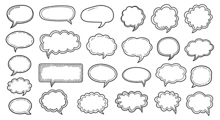 Fototapeta premium A collection of hand-drawn speech bubbles in various shapes and styles, presented in a grid layout.