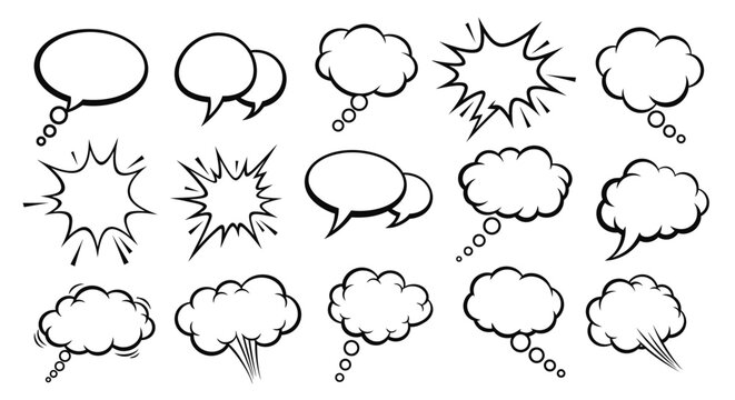 A collection of various comic book style speech and thought bubbles, including explosion shapes and cloud formations.