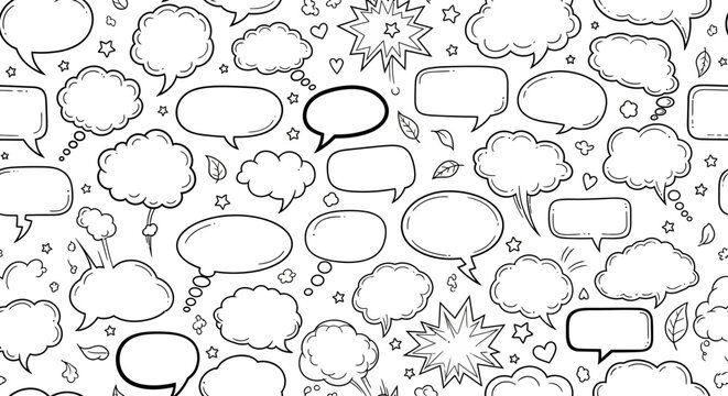 A seamless pattern of hand-drawn speech bubbles and thought clouds in various shapes and sizes, set against a white background with small star and leaf accents.