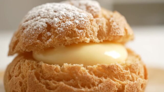 Ultra detailed close up video of japanese cream puff dessert slow rotation macro shot