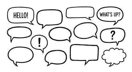 Fototapeta premium A collection of hand-drawn speech bubbles with various shapes and some containing text like 