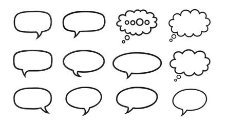 Fototapeta premium A collection of twelve different speech and thought bubble shapes in black outline on a white background.