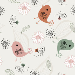 Vector seamless pattern with birds. Kids nursery background.