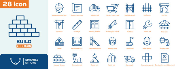 Build Construction Line Icon Set, 28 Building Tools and Equipment Icons, Editable Stroke Vector © Ahmed